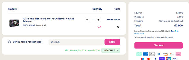 Screenshot showing Funko The Nightmare Before Christmas Advent Calendar for £21 using code at Bargain Max