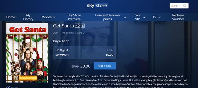 Screenshot showing Get Santa Free Buy and Keep Movie at Sky TV