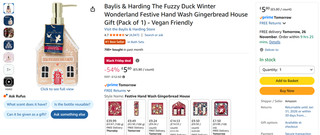Screenshot showing Baylis & Harding The Fuzzy Duck Winter Wonderland Festive Hand Wash Gingerbread House Gift for £5.80 at Amazon