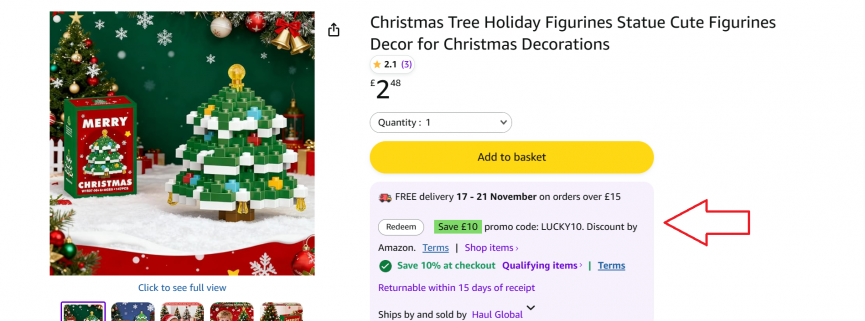 Screenshot showing £10 Off + Extra 10% Off First Order with code at Amazon Haul