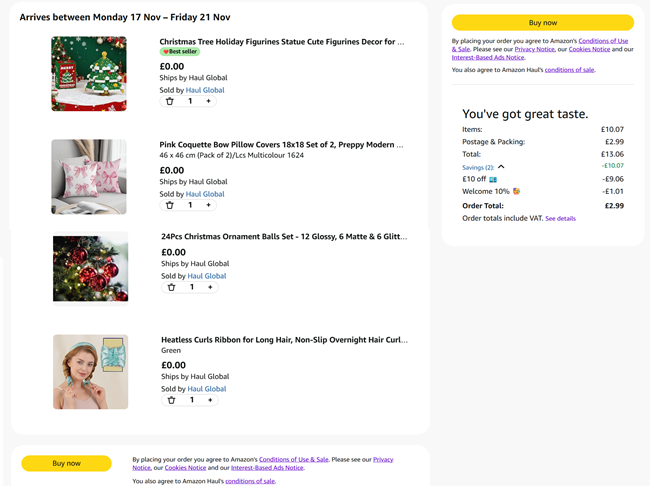 Screenshot showing £10 Off + Extra 10% Off First Order with code at Amazon Haul