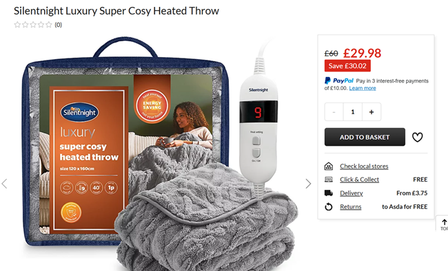 Screenshot showing Silentnight Luxury Super Cosy Heated Throw for £29.98 at Asda George