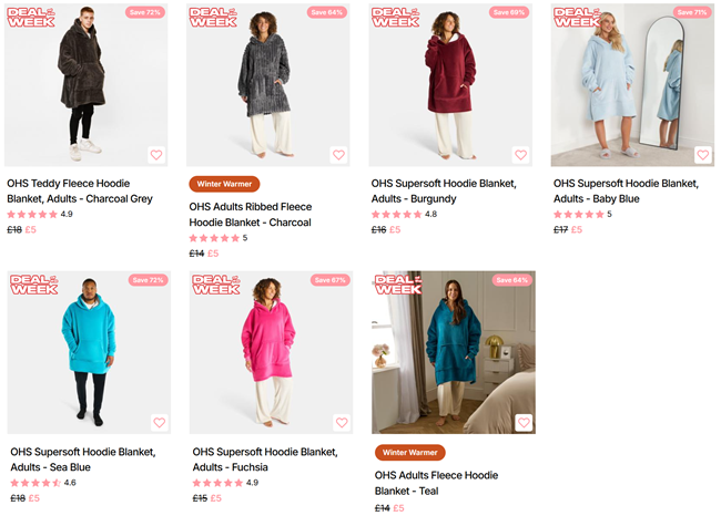Screenshot showing Deal Of The Week: Selected Adult Hoodie Blankets for £5 Each at Online Home Shop
