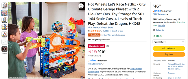 Screenshot showing Hot Wheels Let's Race Netflix City Ultimate Garage Playset for £46.67 with free delivery at Amazon