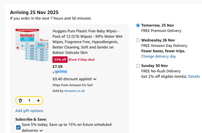 Screenshot showing Huggies Pure Plastic Free Baby Wipes - Pack of 12 (576 Wipes) for £7.59 at Amazon