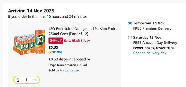 Screenshot showing J2O Fruit Juice, Orange and Passion Fruit, 250ml Cans (Pack of 12) for £5.35 at Amazon