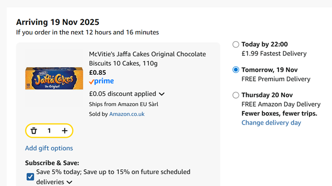 Screenshot showing McVitie's Jaffa Cakes Original 10 Cakes 110g for 85p at Amazon