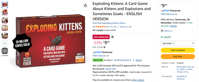 Screenshot showing Exploding Kittens Card Game for £9.49 at Amazon
