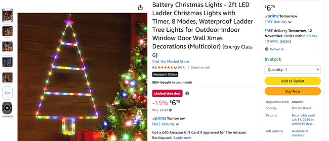 Screenshot showing 2ft LED Ladder Christmas Lights for £6.79 at Amazon / Moxled Direct