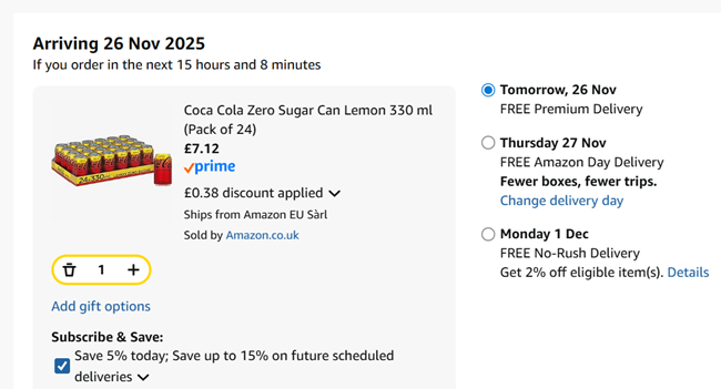 Screenshot showing Coca Cola Zero Sugar Can Lemon 330 ml (Pack of 24) for £7.12 at Amazon