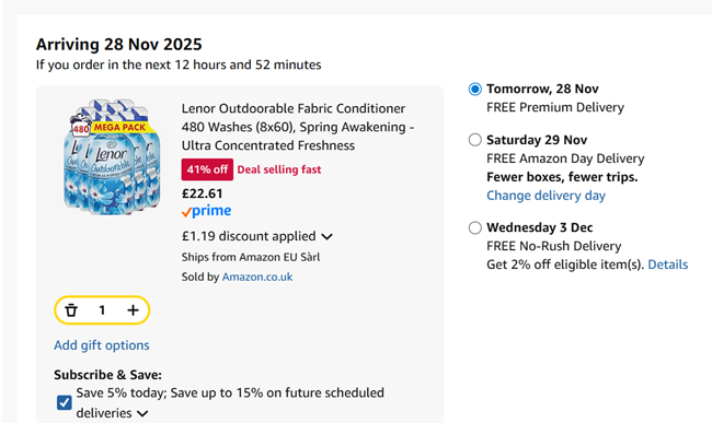 Screenshot showing Lenor Outdoorable Fabric Conditioner 480 Washes (8x60) for £22.61 at Amazon