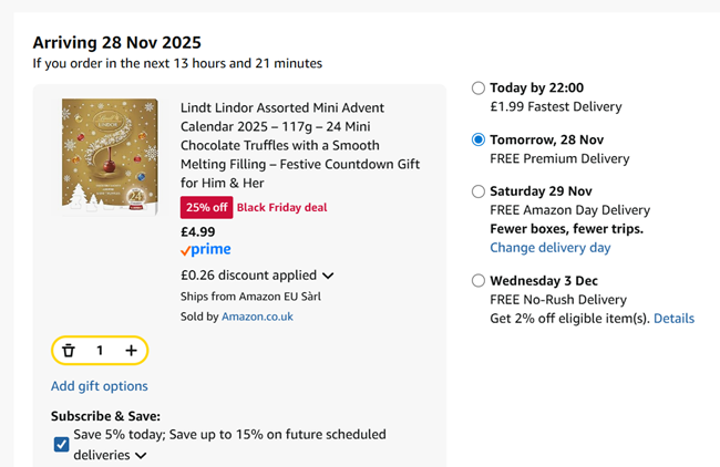 Screenshot showing Lindt Lindor Assorted Mini Advent Calendar 2025 for £4.99 at Amazon