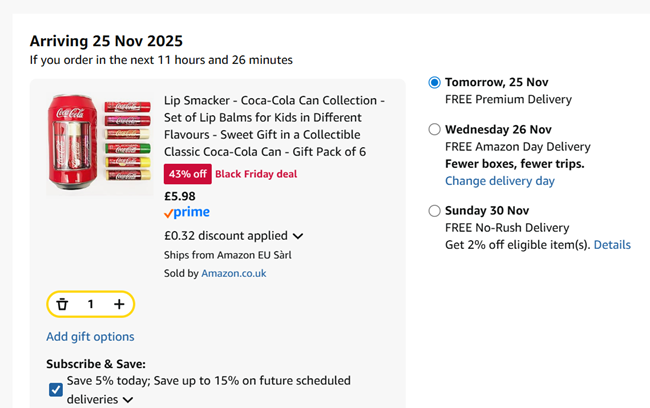 Screenshot showing Lip Smacker Coca-Cola Can Collection for £5.98 at Amazon