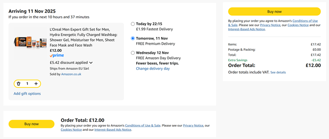 Screenshot showing L'Oreal Men Expert Gift Set for Men, Hydra Energetic Fully Charged Washbag for £12 at Amazon