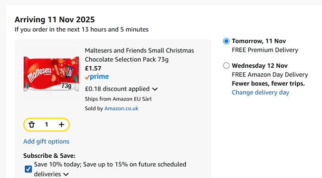 Screenshot showing Maltesers and Friends Small Christmas Chocolate Selection Pack 73g for £1.57 at Amazon
