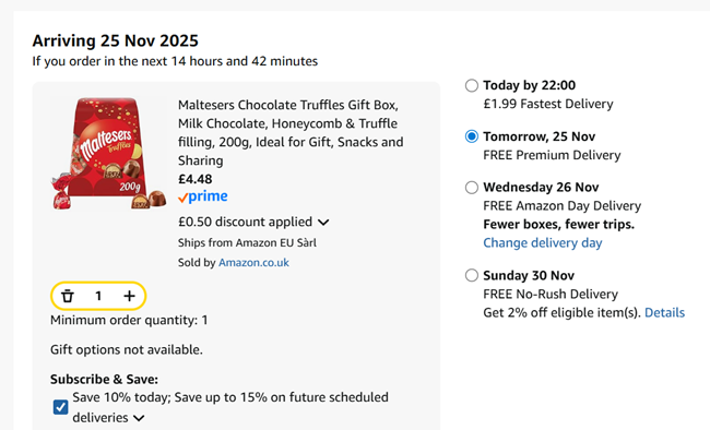 Screenshot showing Maltesers Chocolate Truffles Gift Box 200g for £4.48 at Amazon
