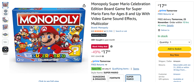 Screenshot showing Monopoly Super Mario Celebration Edition Board Game for £17.99 at Amazon