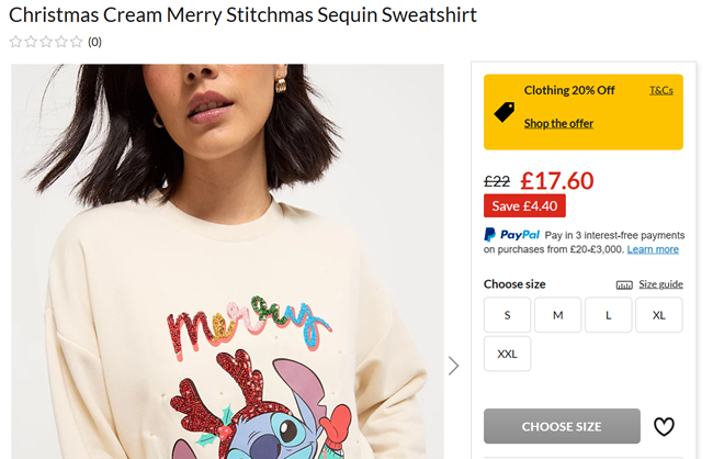 Screenshot showing Christmas Cream Merry Stitchmas Sequin Sweatshirt for £17.60 at Asda George