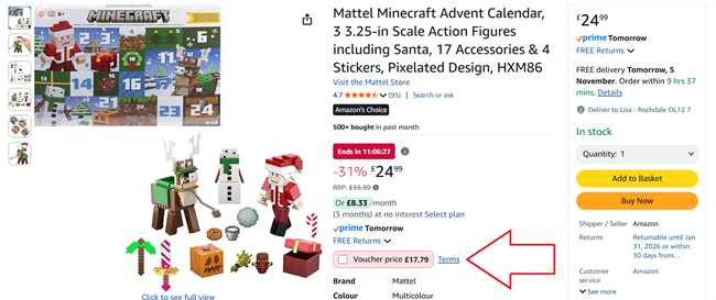 Screenshot showing Mattel Minecraft Advent Calendar at Amazon