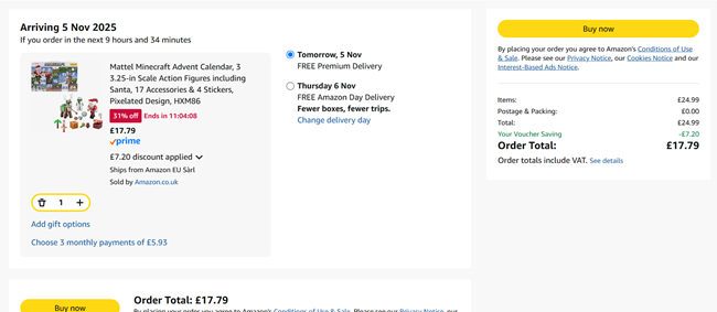 Screenshot showing Mattel Minecraft Advent Calendar for £17.79 at Amazon