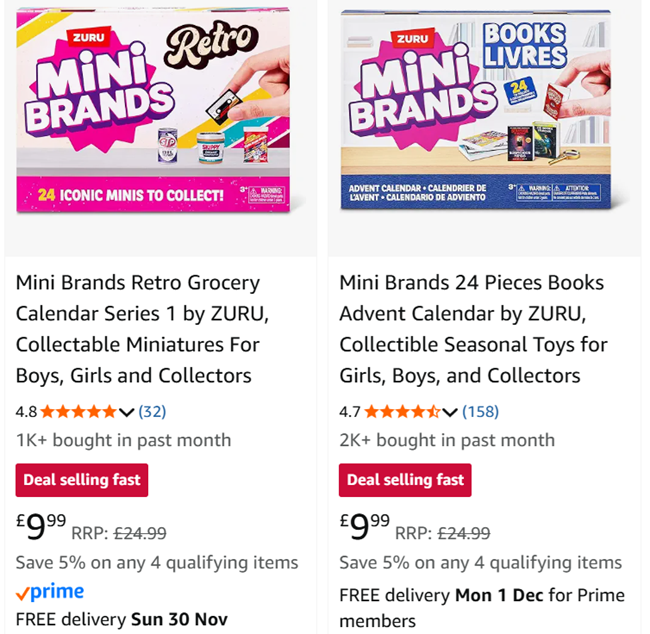 Screenshot showing Mini Brands Retro Grocery and Books Advent Calendar for £9.99 each at Amazon