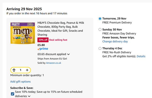 Screenshot showing M&M'S Peanut & Milk Chocolate 800g Party Bag for £5.80 at Amazon
