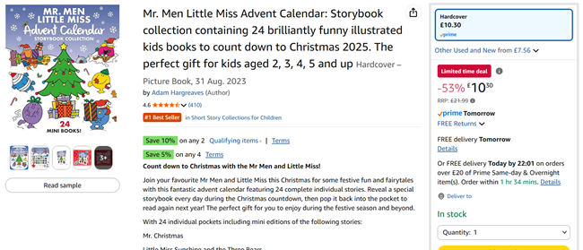 Screenshot showing Mr. Men & Little Miss Storybook Advent Calendar for £10.30 at Amazon