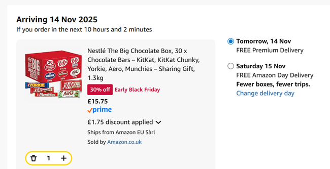 Screenshot showing Nestlé The Big 30 Bar Chocolate Box for £15.75 at Amazon