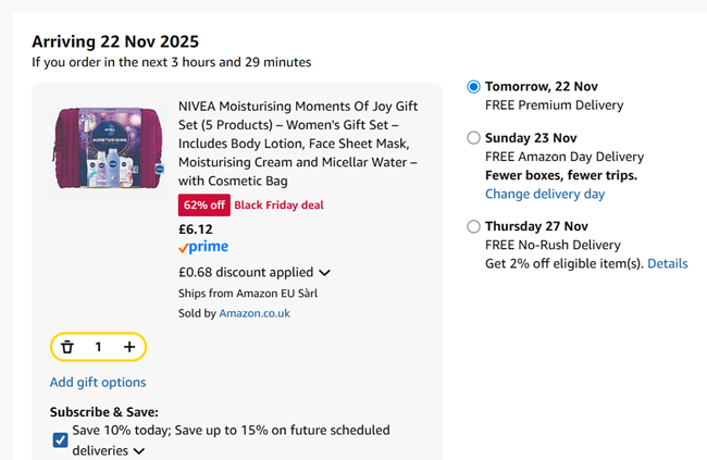 Screenshot showing Nivea Moisturising Moments Of Joy Gift Set for £6.12 at Amazon