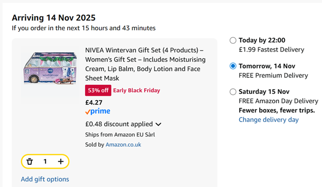 Screenshot showing Nivea Wintervan Gift Set for £4.75 at Amazon