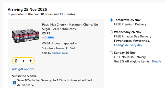 Screenshot showing Pepsi Max Cherry 24 x 330ml Cans for £5.75 at Amazon