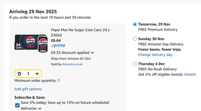 Screenshot showing Pepsi Max No Sugar Cola Cans 24 x 330ml for £6.64 at Amazon