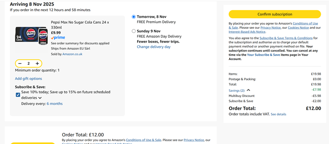 Screenshot showing Pepsi Max No Sugar Cola Cans 24 x 330ml x 2 for £12 at Amazon