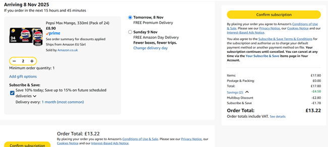 Screenshot showing Pepsi Max Mango, 330ml (Pack of 24) x 2 for £13.22 at Amazon