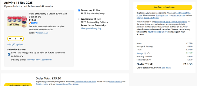 Screenshot showing Pepsi Strawberry & Cream 330ml Can (Pack of 24) x 2 for £15.30 at Amazon