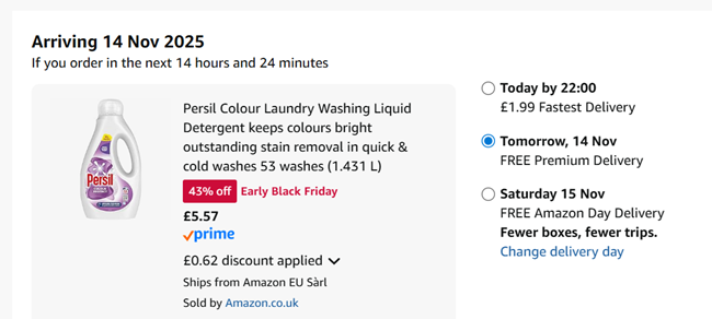 Screenshot showing Persil Colour Laundry Washing Liquid Detergent 53 washes (1.431 L) for £5.57 at Amazon
