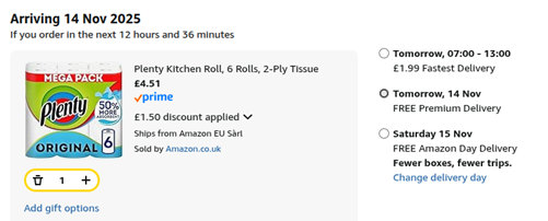 Screenshot showing Plenty Kitchen Roll, 6 Rolls, 2-Ply Tissue for £4.51 at Amazon