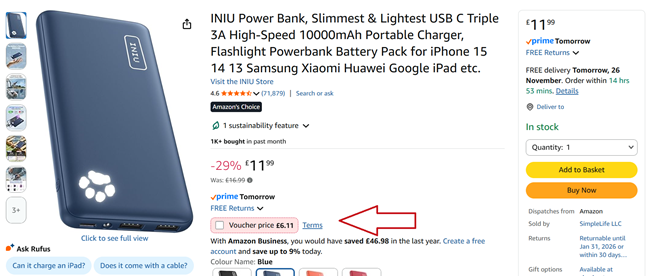 Screenshot showing INIU Power Bank at Amazon