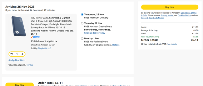 Screenshot showing INIU Power Bank £6.11 with voucher at Amazon / SimpleLife LLC