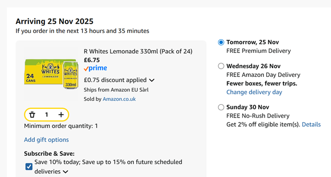 Screenshot showing R Whites Lemonade 330ml (Pack of 24) for £6.75 at Amazon