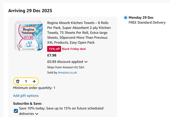 Screenshot showing Regina Absorb XXL Kitchen Towels 8 Rolls for £7.98 at Amazon