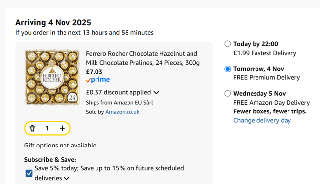 Screenshot showing Ferrero Rocher Chocolate Gift Box Box of 24 (300g) for £7.03 at Amazon