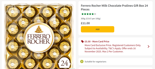 Screenshot showing Ferrero Rocher Milk Chocolate Pralines Gift Box 24 Pieces for £5.50 More Card Price at Morrisons