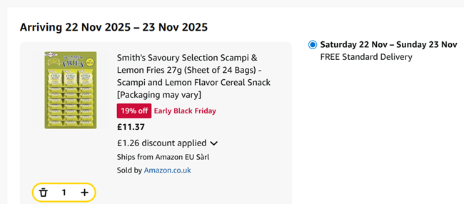 Screenshot showing Smith's Savoury Selection Scampi & Lemon Fries 27g (Sheet of 24 Bags) for £11.37 at Amazon