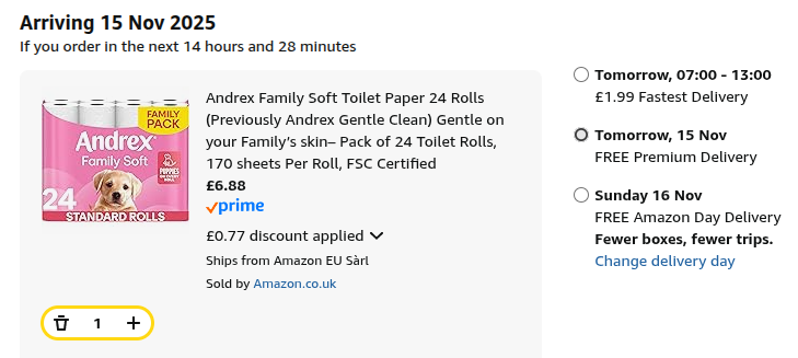 Andrex Family Soft Toilet Paper 24 Rolls £6.88 @ Amazon