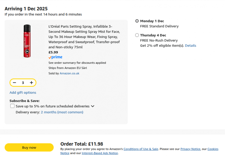 Three L'Oreal Paris Infallible 3-second Setting Mist £11.98 @ Amazon