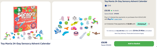 Screenshot showing Toy Mania 24-Day Sensory Advent Calendar for £9.99 at Bargain Max
