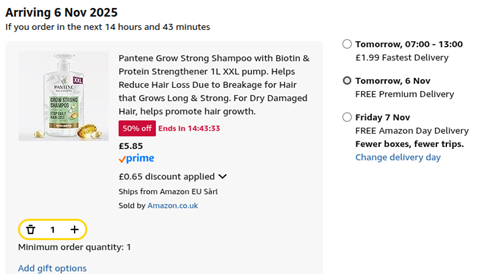 Screenshot showing Pantene Grow Strong Shampoo 1L XXL Pump for £5.85 at Amazon