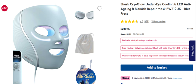 Screenshot showing Shark CryoGlow Under-Eye Cooling & LED Anti-Ageing & Blemish Repair Mask at Boots
