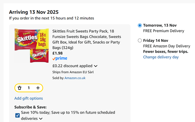 Screenshot showing Skittles Fruit Funsize 324g (18 x 18g Bags) for £1.98 at Amazon